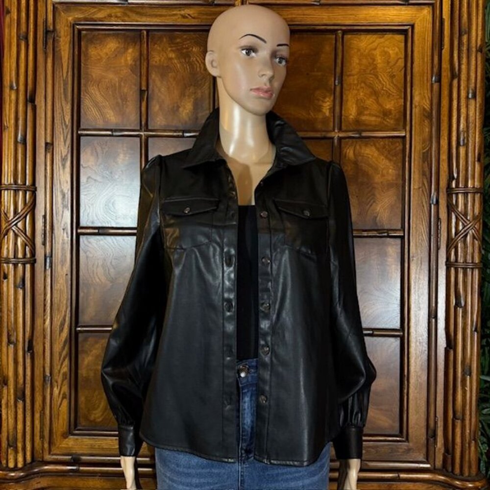 The Drop Clemence Black Faux Leather Puffed Long Sleeve Button Down Shirt